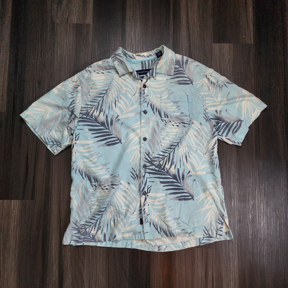 Tommy Bahama Men's Medium 100% Silk Floral Hawaiian Camp Shirt Blue Tropical
